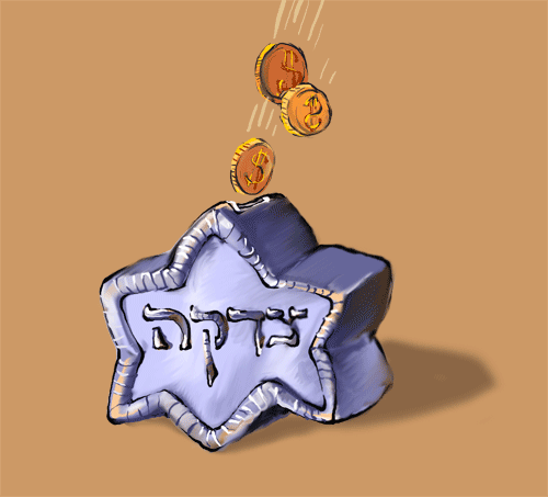 Coins dropping into Star of David Tzedakah